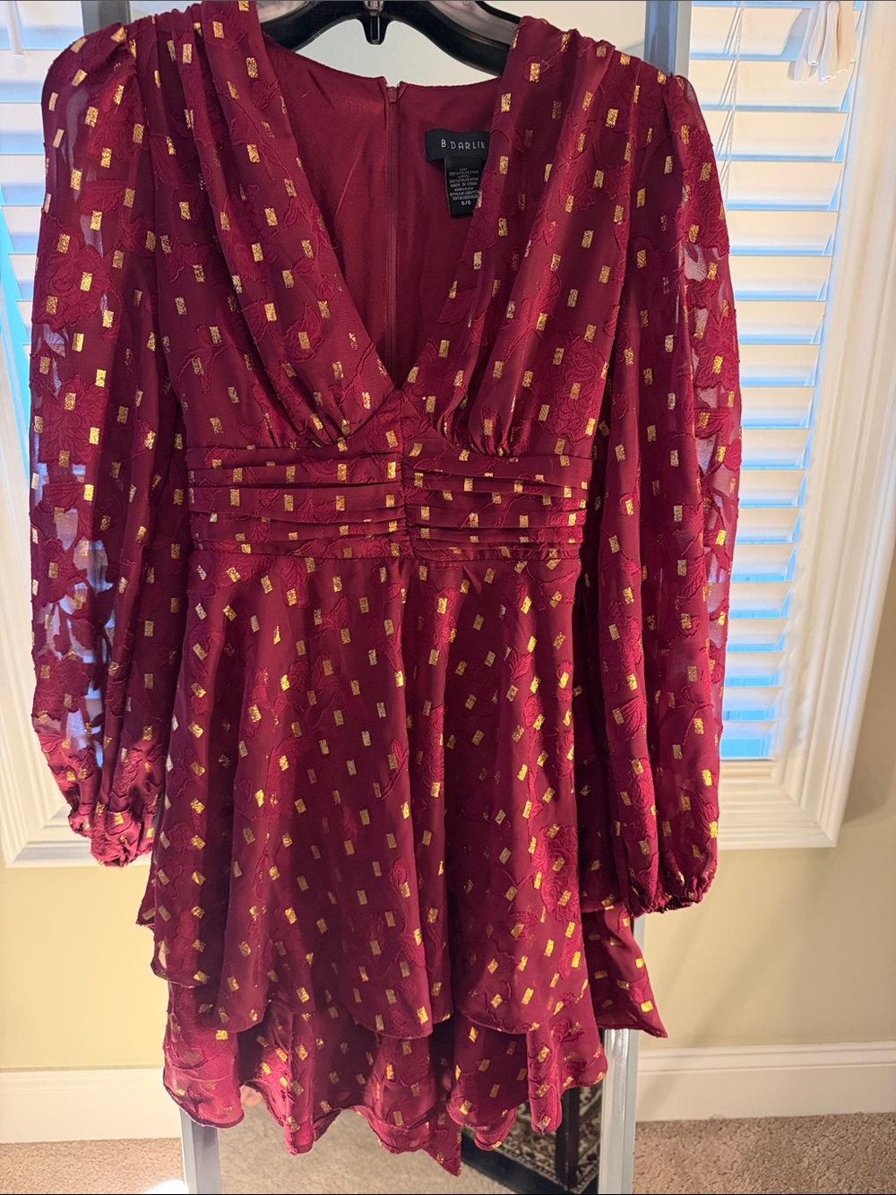 B Darlin Burgundy High-Low Dress with Gold Foil Accents